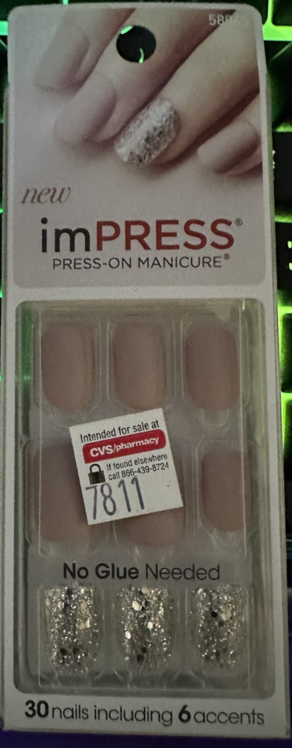 Impress Gel Manicure Press on Nails Short Tan buff nude matte silver glitter