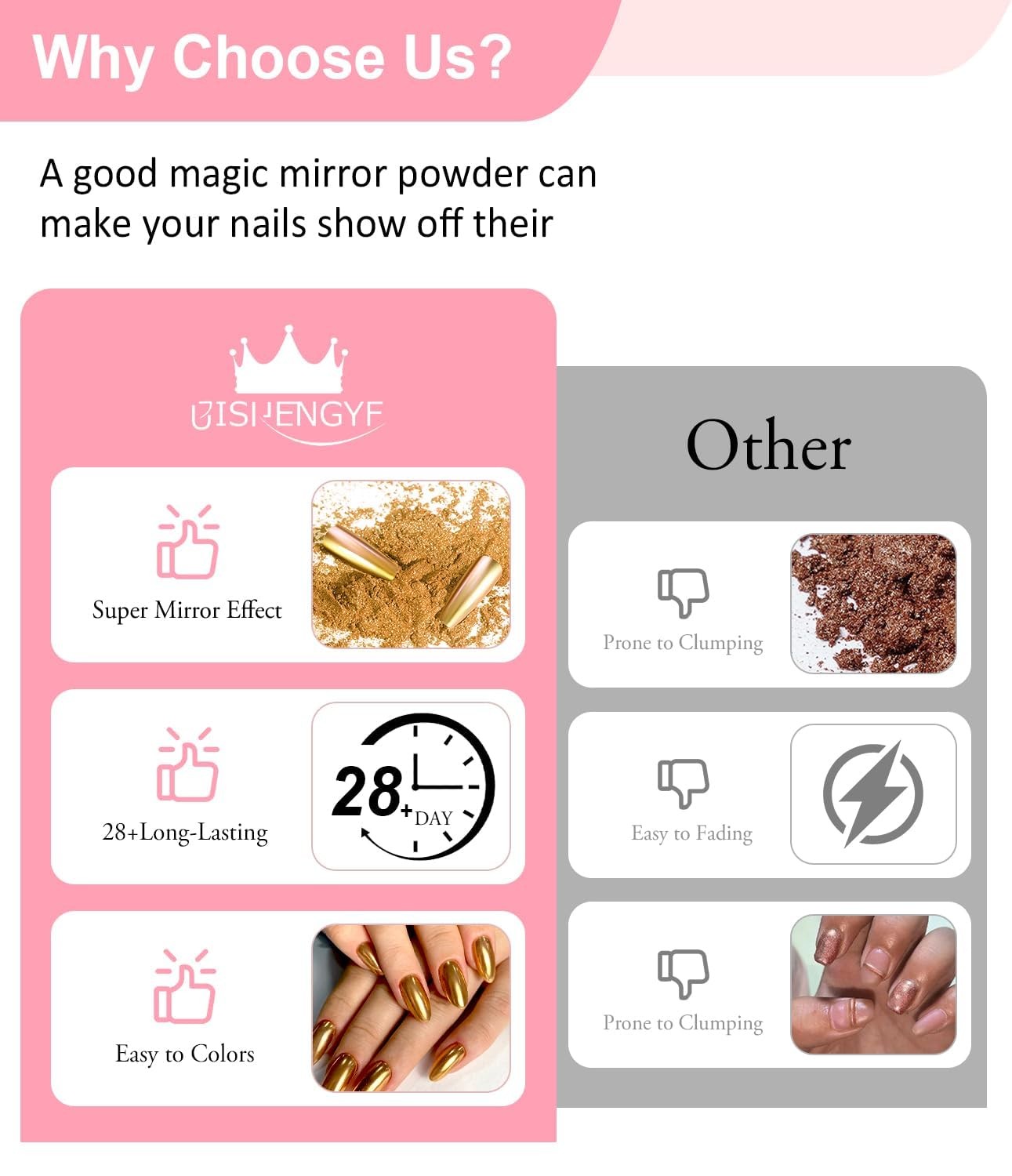 Gold Chrome Nail Powder – Metallic Mirror Effect Nail Chrome Powders Silver C…