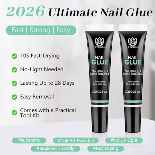 LEYKOSH Nail Glue for Press Ons, 10s Fast-Drying No UV Light Needed, Super