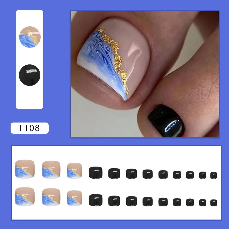 24pcs Glitter Fake Toenails Reusable Full Cover Acrylic Foot Nail Tips