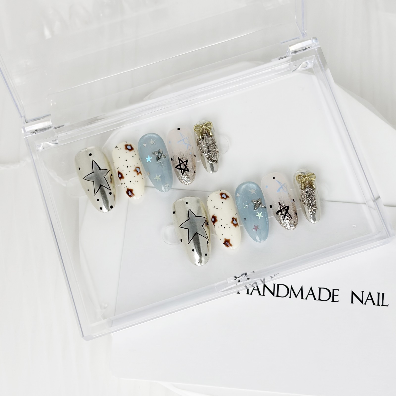 Galaxy Star Glitter Press-On Nails Mismatched Set Handmade Almond Nails Gift