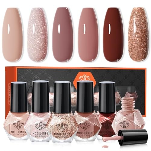 Brown Nail Polish Set 6 Colors, Nude Burgundy Glitter Fall A3 Cinnamon Brown