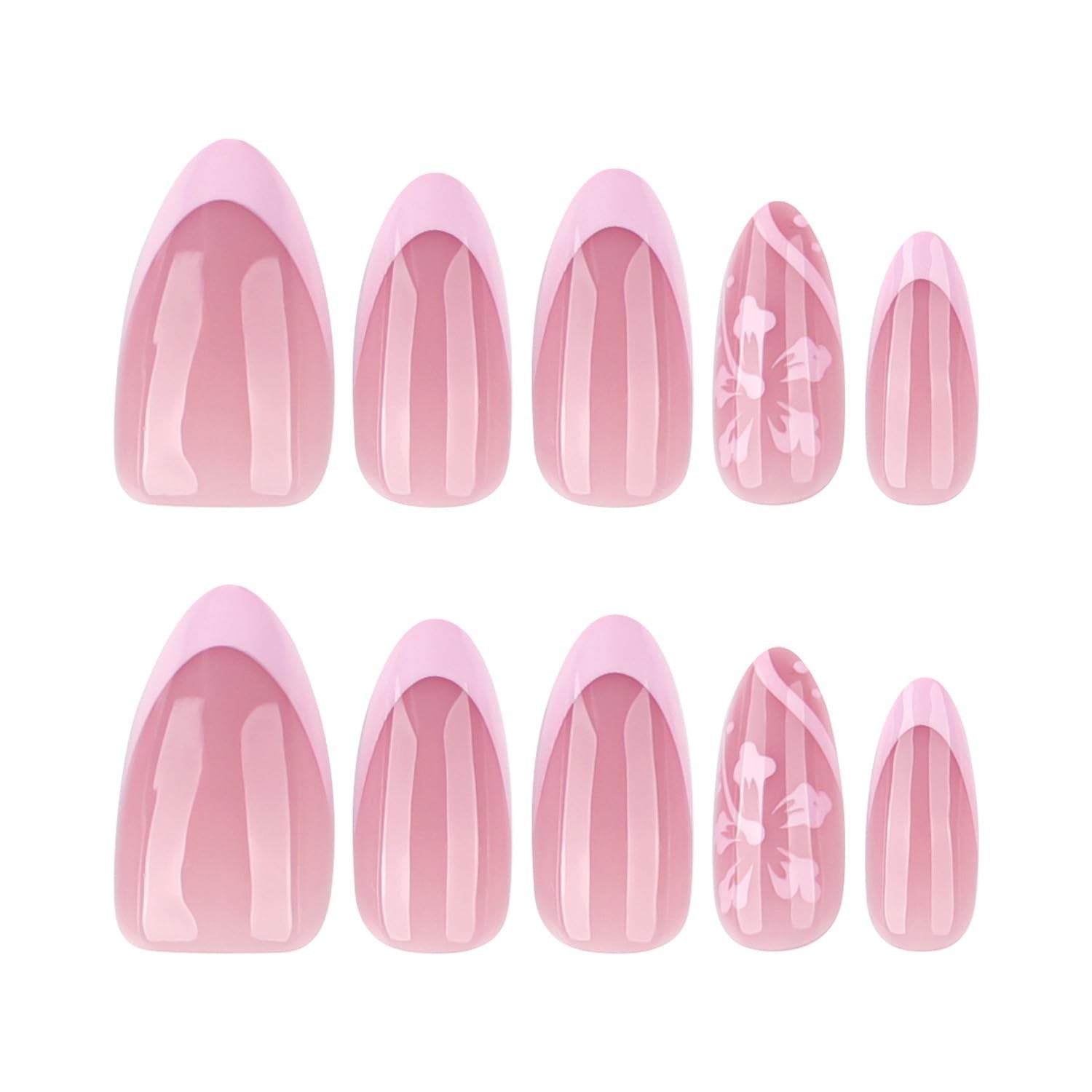 Summer French Tip Press On Nails Flower Design Almond Medium Glossy Fake Nails