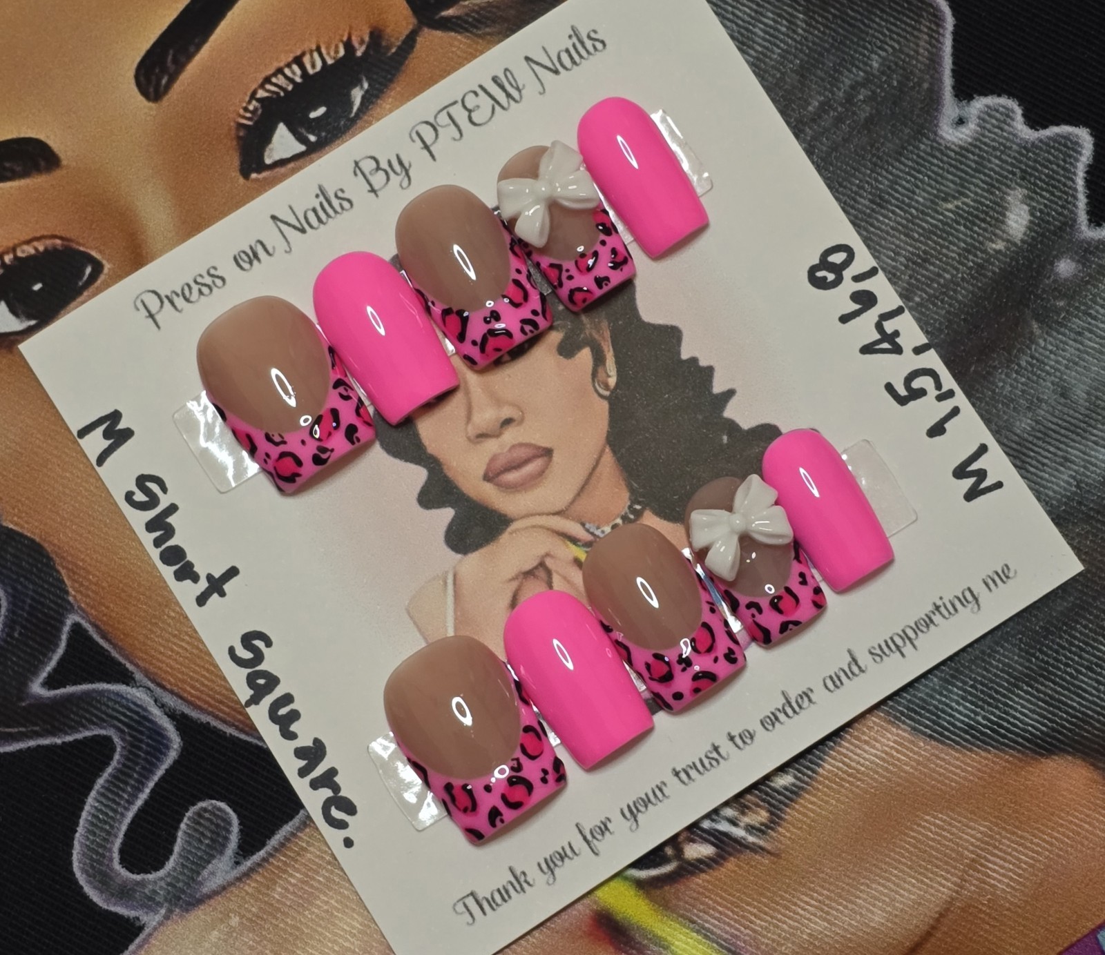 Handmade Press On Nails, Pink Cheetah , Medium Size 1,5,4,6,8 M Short Square