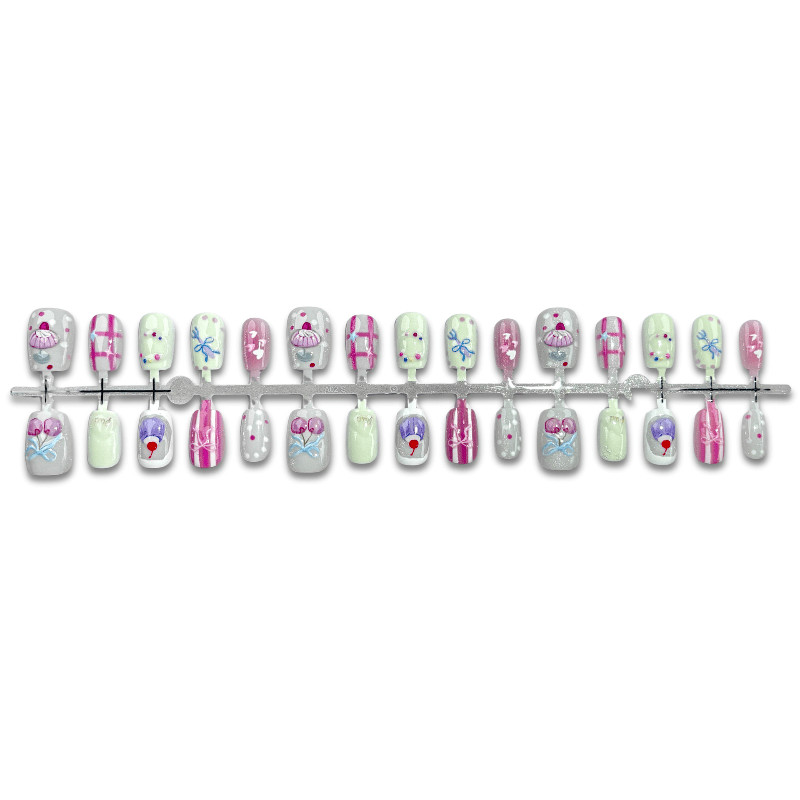 60 Pcs Cake Cherry Bow Short Square Press on Nails, Sweet Cute Daily Fake Nails