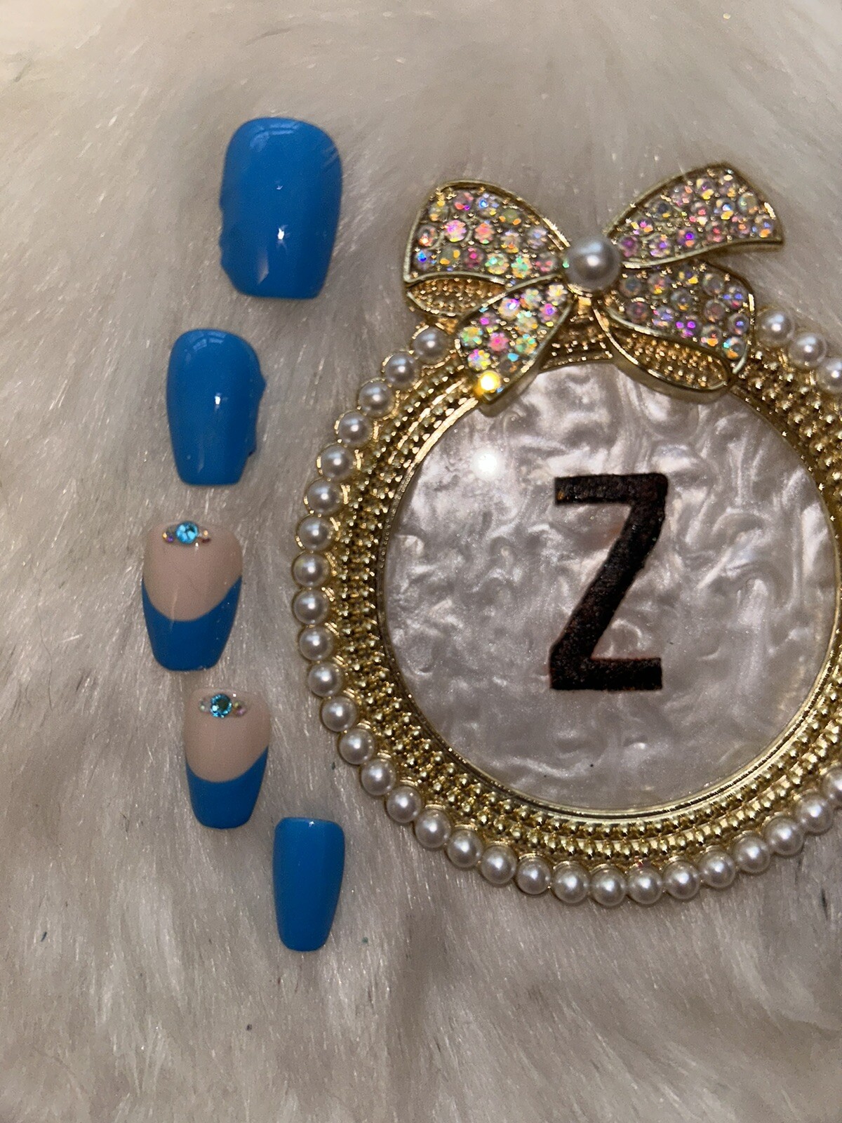 Z NAILZ! Handmade Nude/Turquoise M Coffin Shiny French Press On Nails