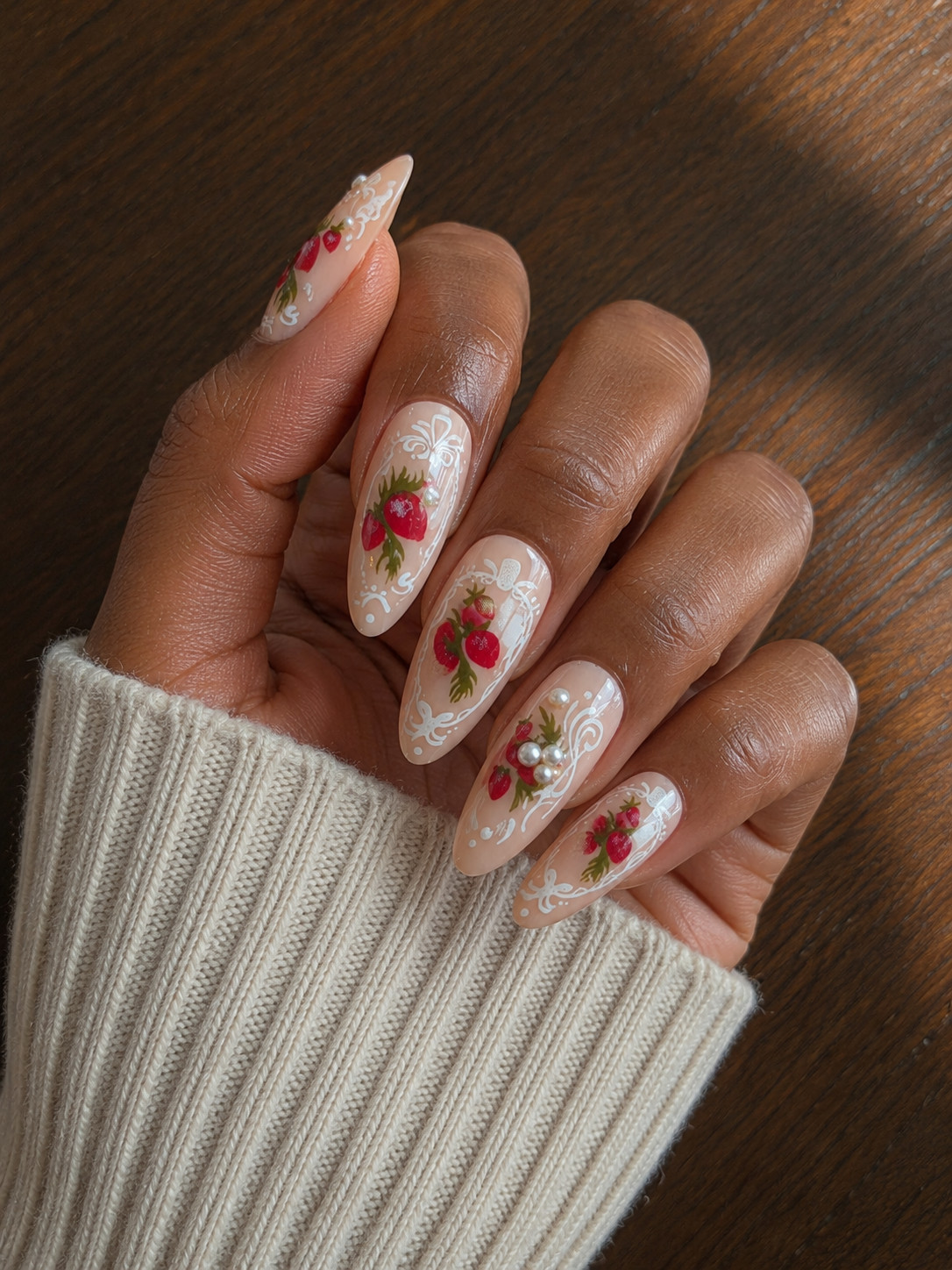 Strawberry Bow Press-On Nails | Pink lace pattern| Medium almond | 10-Piece Set