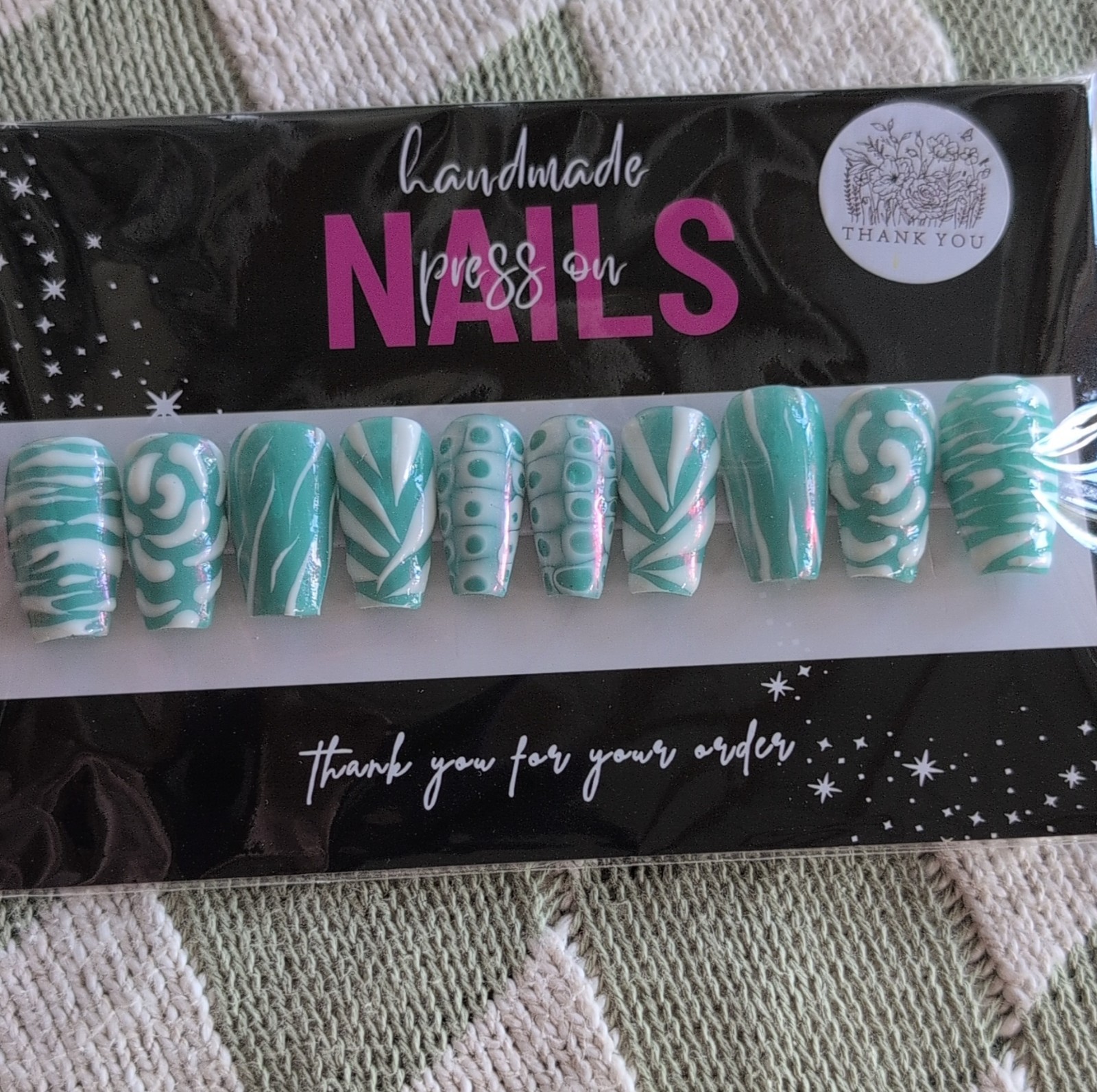 Homemade Press-On Nails Handmade Coffin Green White Sized XL