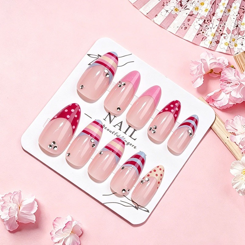 72pcs-Pink Press on Nails Almond French Tip Polka Dot Stripes Rhinestone Accents