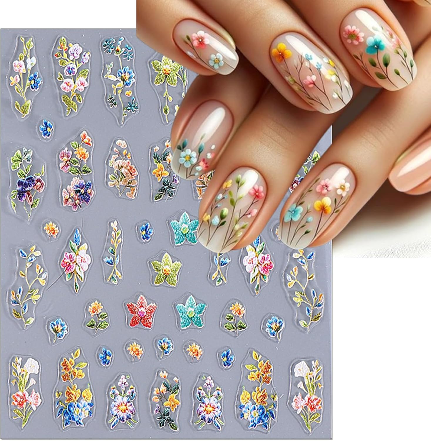 Embossed Flower Nail Art Stickers – Daisy Floral Leaf Self-Adhesive 5D Nail Deca