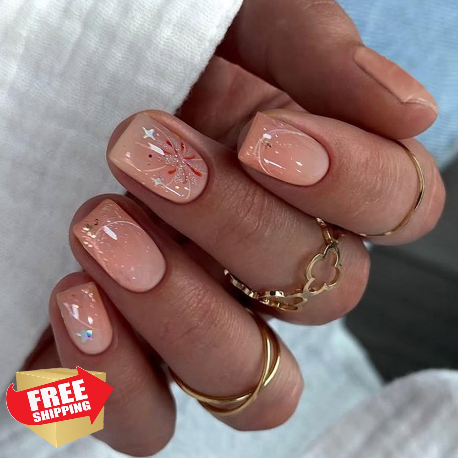 SEMATA Pink French Tip Square Nails Orange Pink Ombre Fireworks
