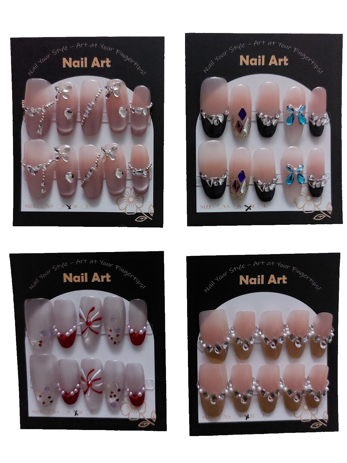 handmade press on nails Round/Almond Shape Size Medium With 3-D Jewels. Lot Of 4