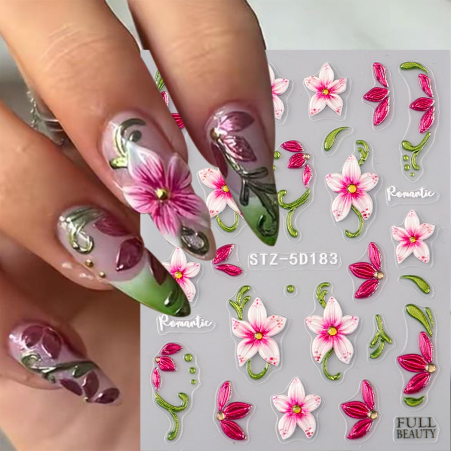 2 Sheets Spring Flower Nail Stickers for Nail Art 5D Self-Adhesive Embossed Fren