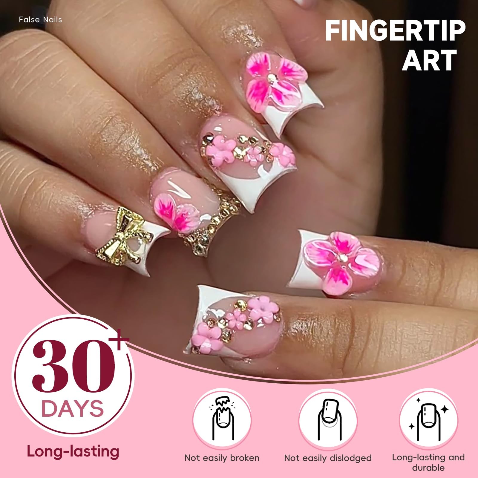 3D Hot Pink Flower Summer Beach Press on Nails Short Duck Shaped,Cute Gold Bo…