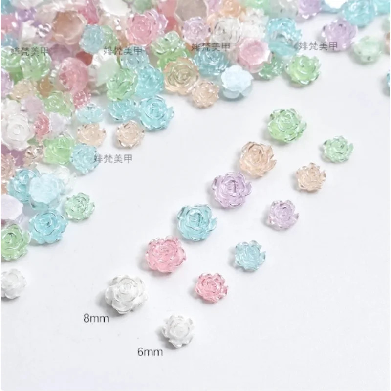 50pcs Camellia Nail Charms Mix Flower Shiny Pearl 3D 6/8mm Rose Flat Back 3D