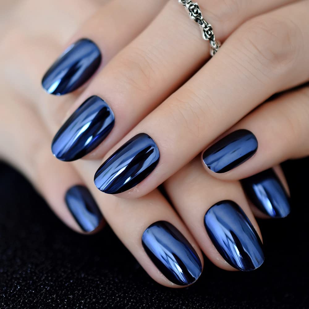 Press On Nails – Gray Blue Mirror Reflective | Acrylic Solid l UV Medium Oval…