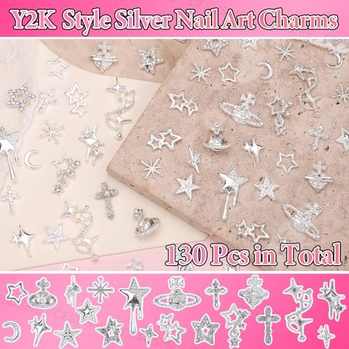 130 Pcs 3D Silver Star Cross Alloy Nail Charms, 21 Styles Y2K Metal S1-silver