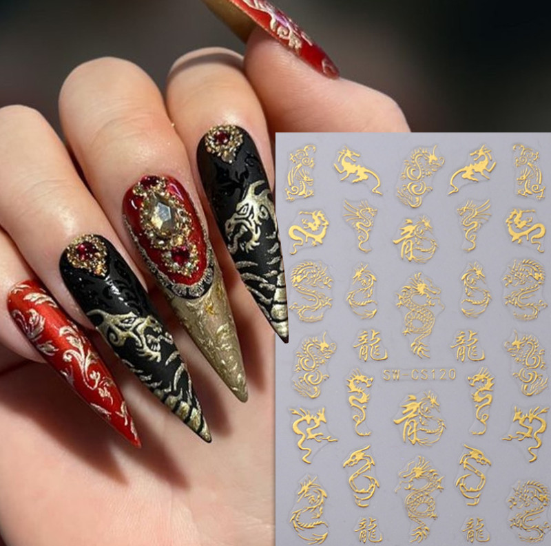2Pcs Nail Art Stickers Decals Gold Silver Dragon Animal Self-Adhesive Slider NS7