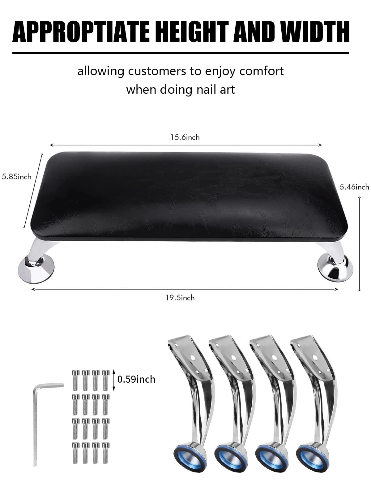 Nail Arm Rest for Acrylic Nails with 4 Stainless Steel Stands, Black