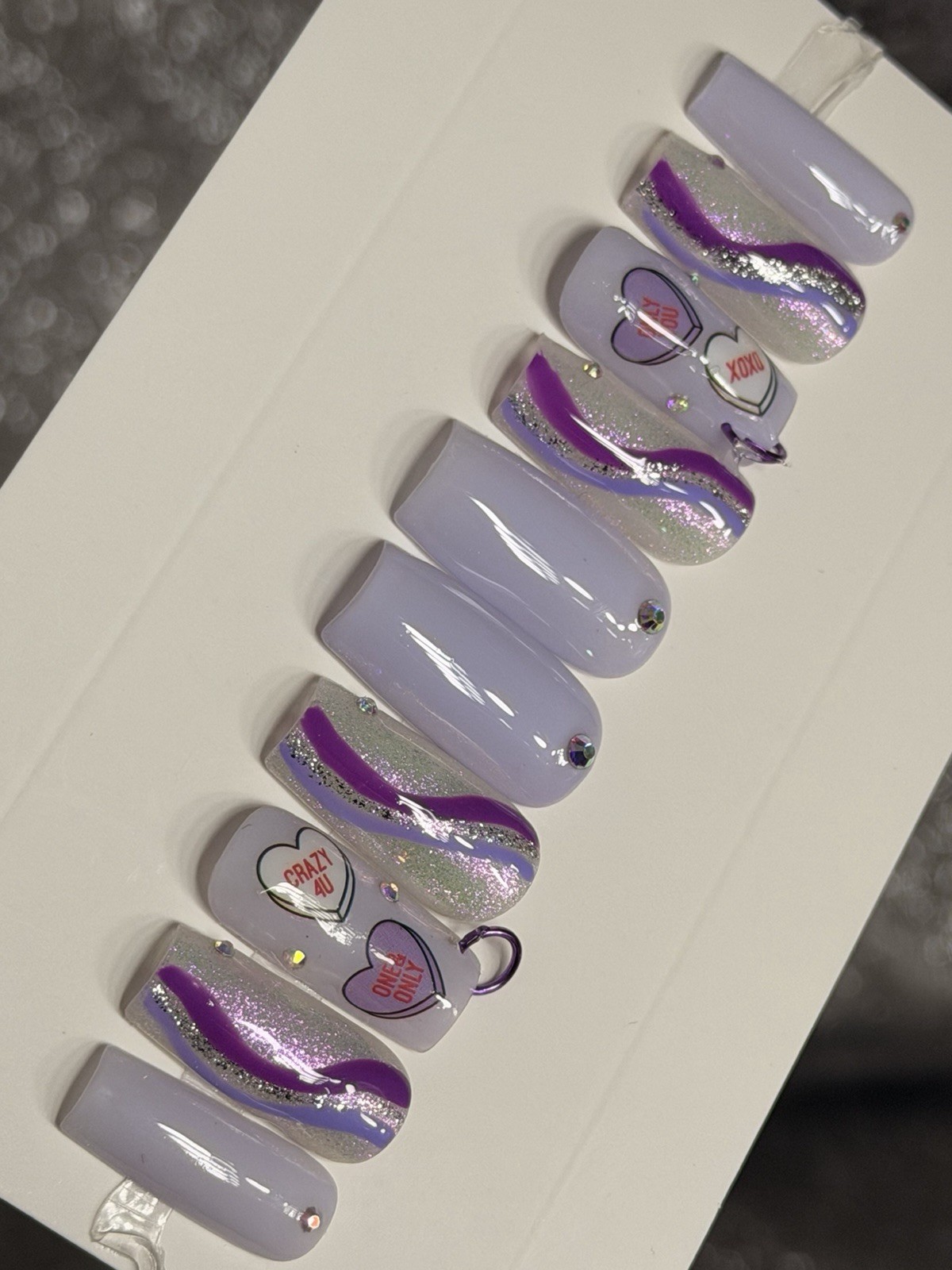 💜💎 CUSTOM Press On Nails PURPLE Heart BLING Rhinestones 10p SET W Kit