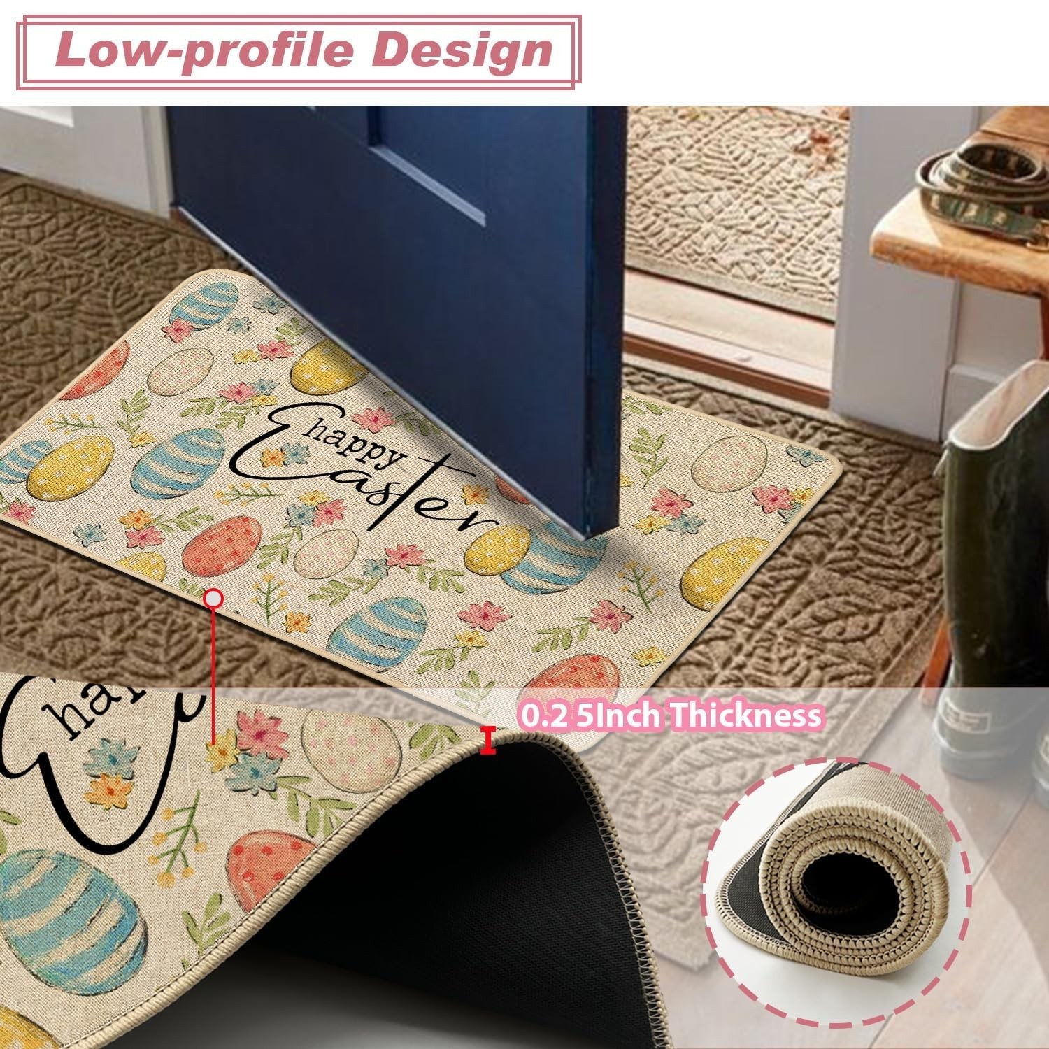 Baccessor Easter Kitchen Rugs Set of 2, Bunny Colorful Eggs Floral Kitchen Ma…