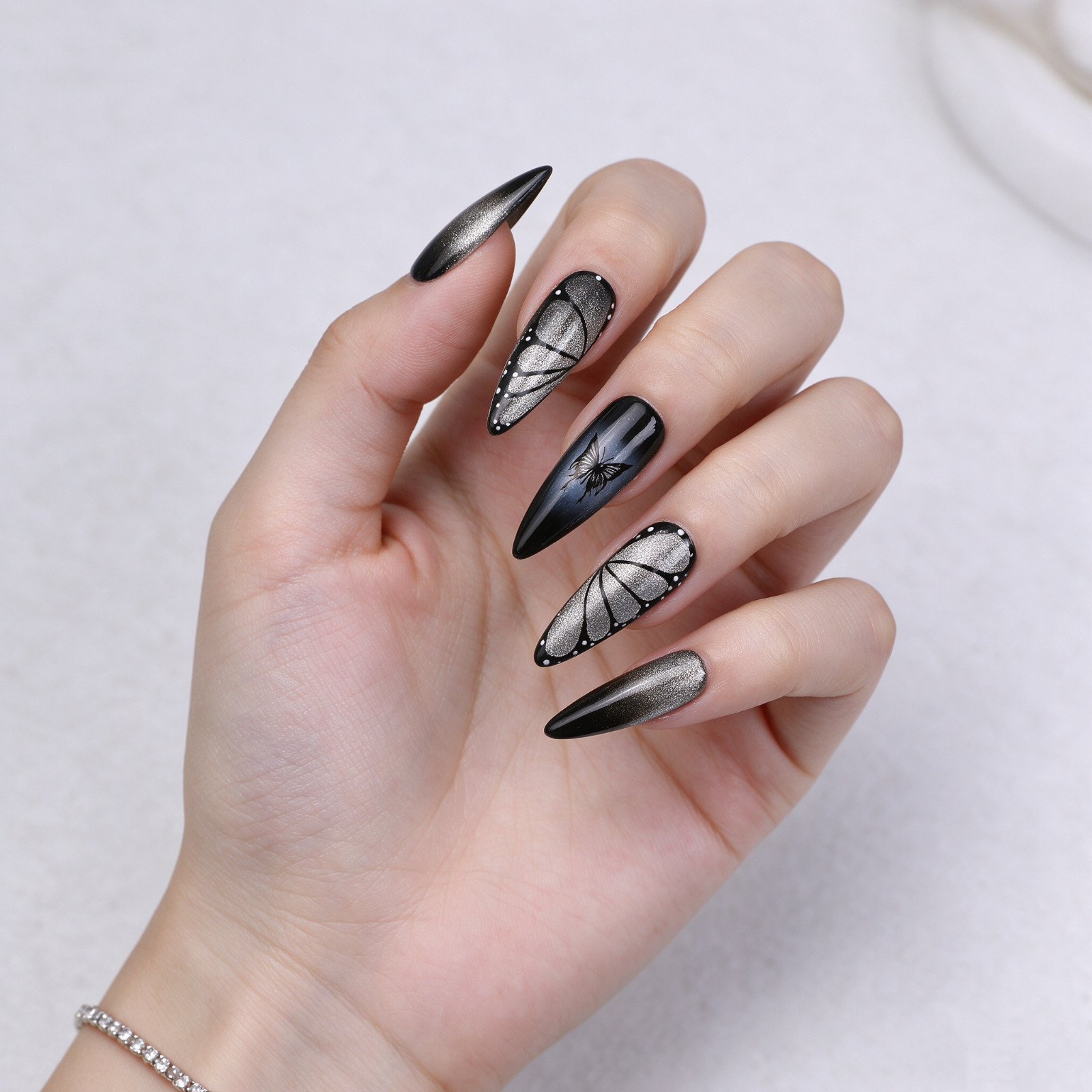 Press On Nails Long Stiletto Black Silver Butterfly Wing Glitter Gothic Nail Set