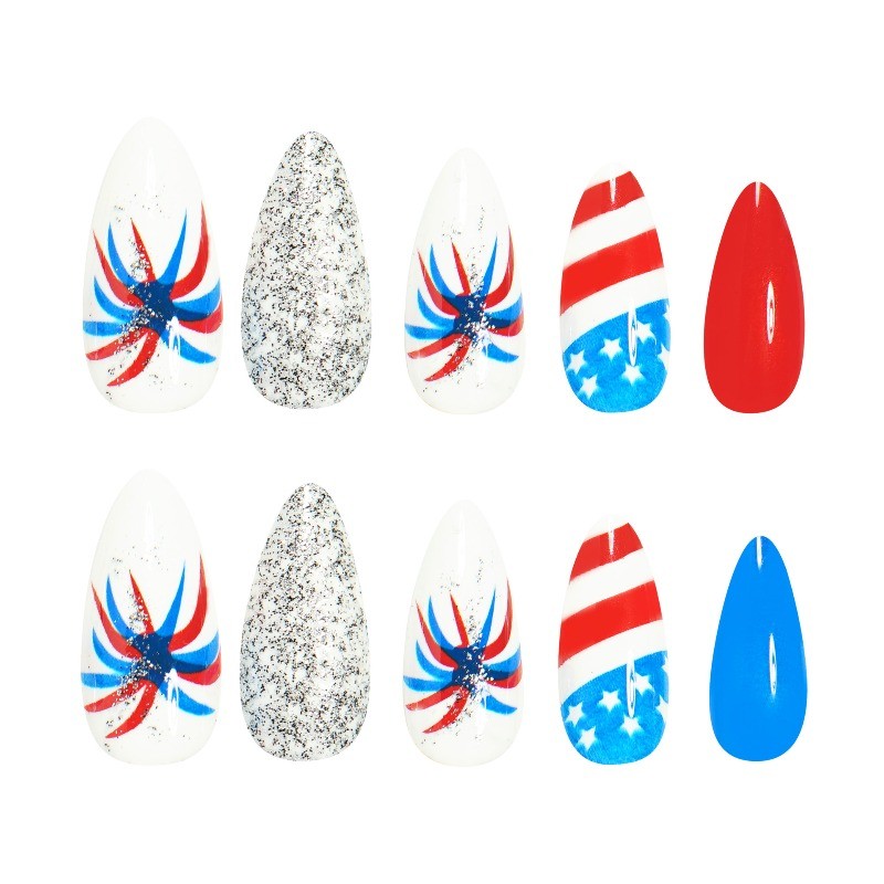 48Pcs-American Flag Star Stripe Press on Nails Glossy Long Almond Nail Art Set