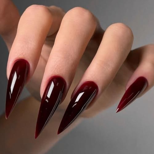 24Pcs Halloween Press on Nails Stiletto Fake Nails Dark Red Long Style-23