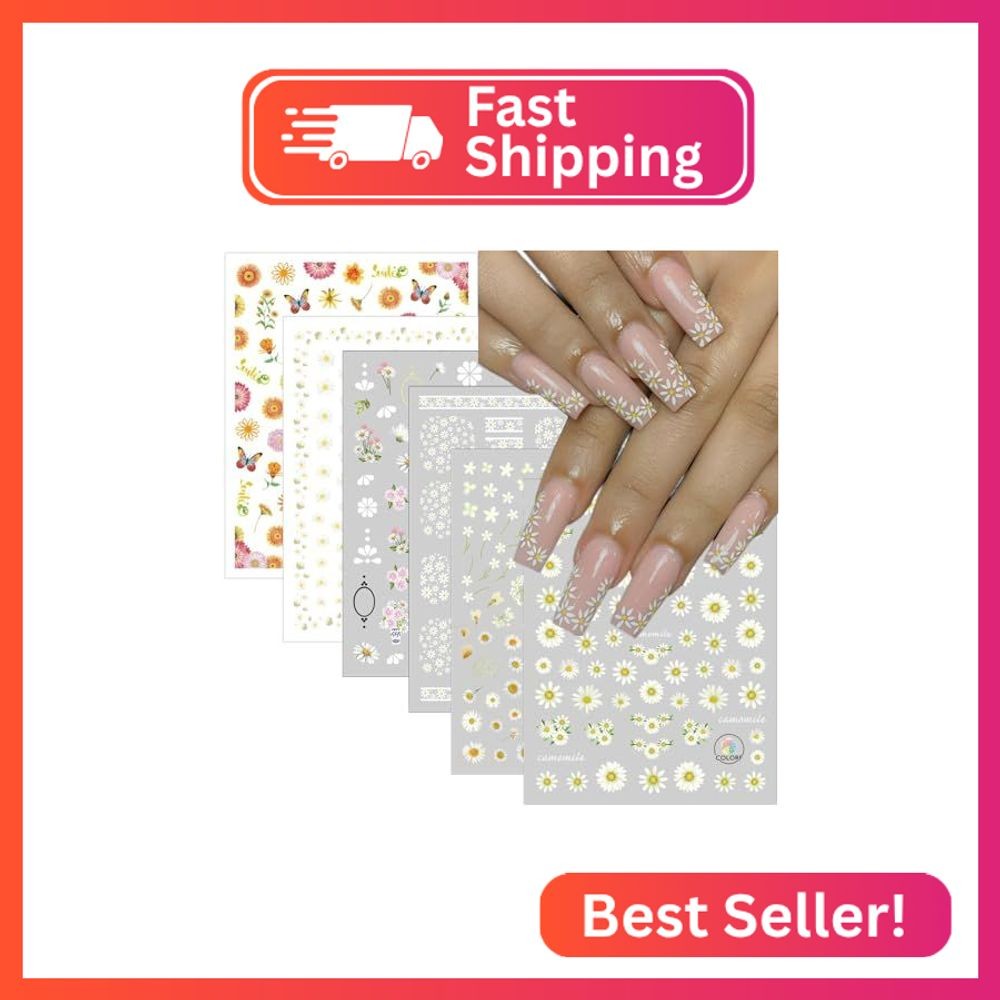 winthrop 8 Sheets Daisy Nail Art Stickers, Charming Flower Chrysanthemum 3D Tren