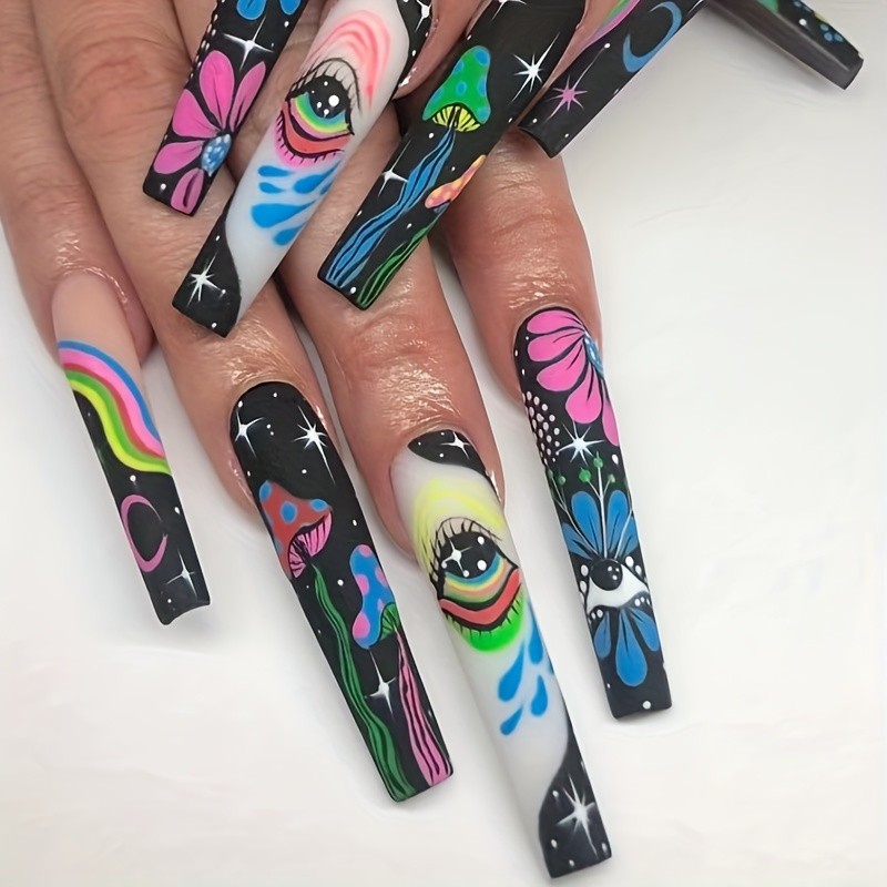 120pcs Bold Colorful Cartoon Press On Nails Eye Rainbow Long Coffin Fake Nails