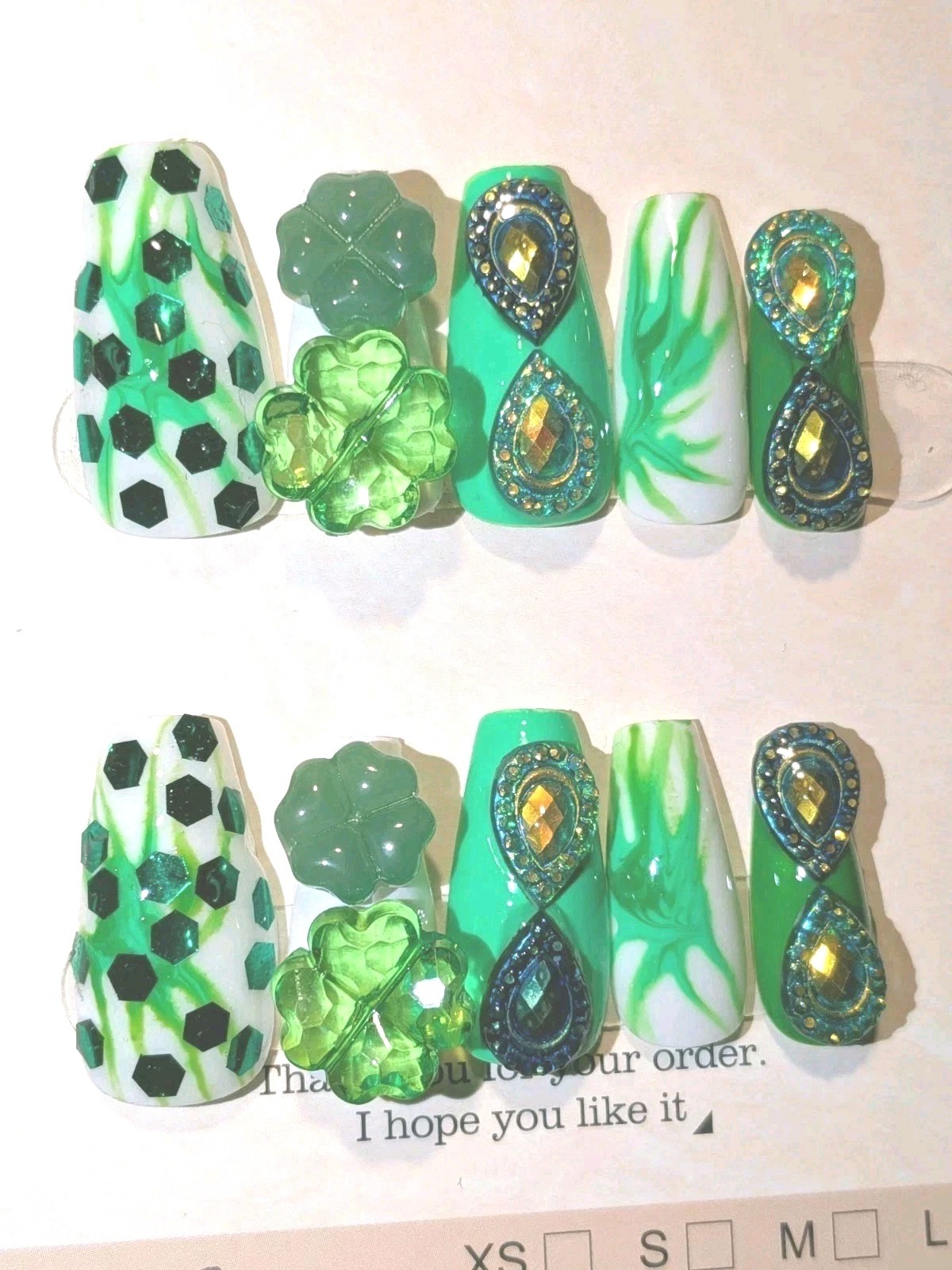 Hand Crafted St Patty Short Nail Set with Quality Glowing Gem Accents Sz LARGE