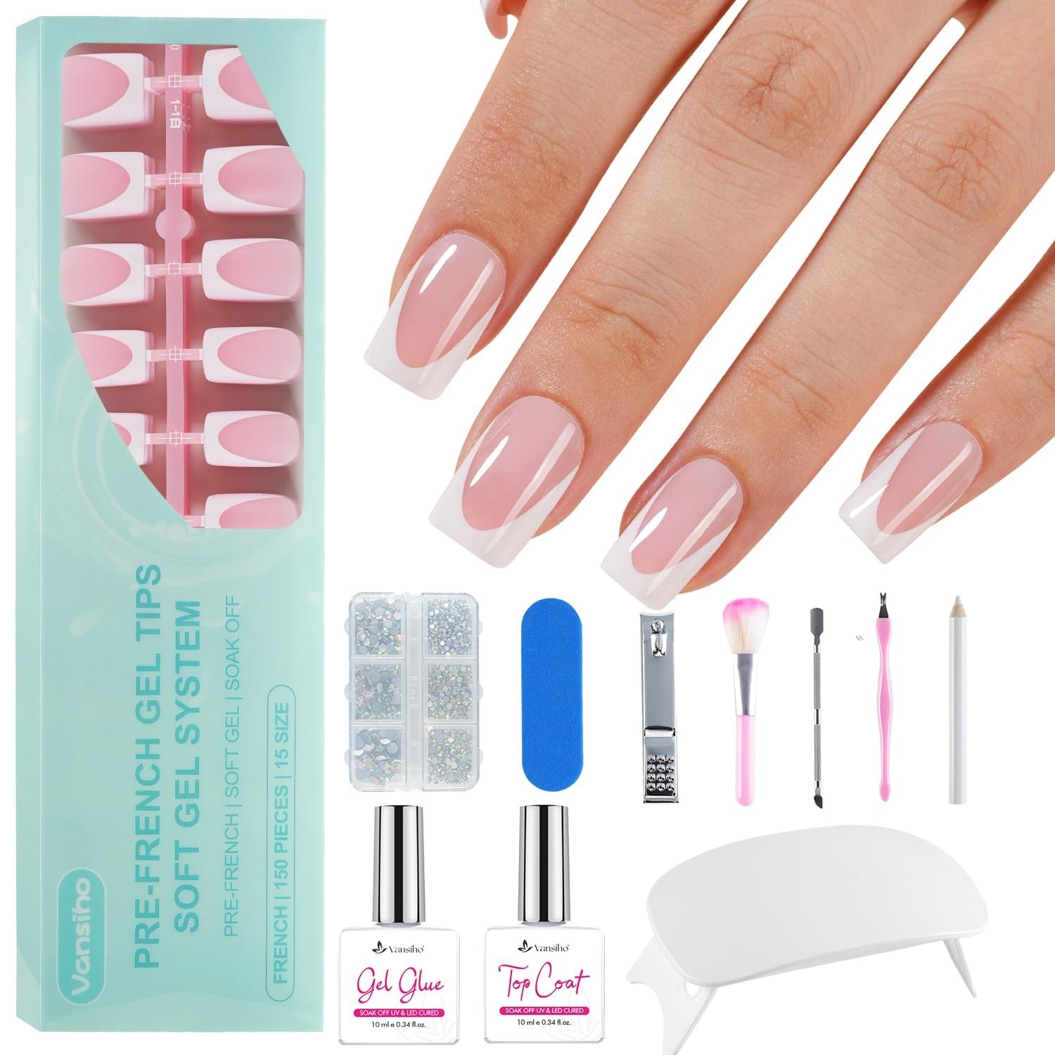 Pink Deep French Gel Nails Kit – Short Square Press-On Nails, Nail Gel & Lamp fo