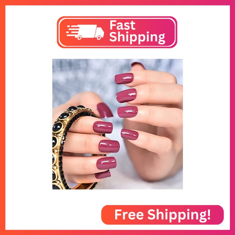 LINSSQ Glossy Dark Rose Pink Press on Nails,Short Squoval False Nails,Beauty Sol