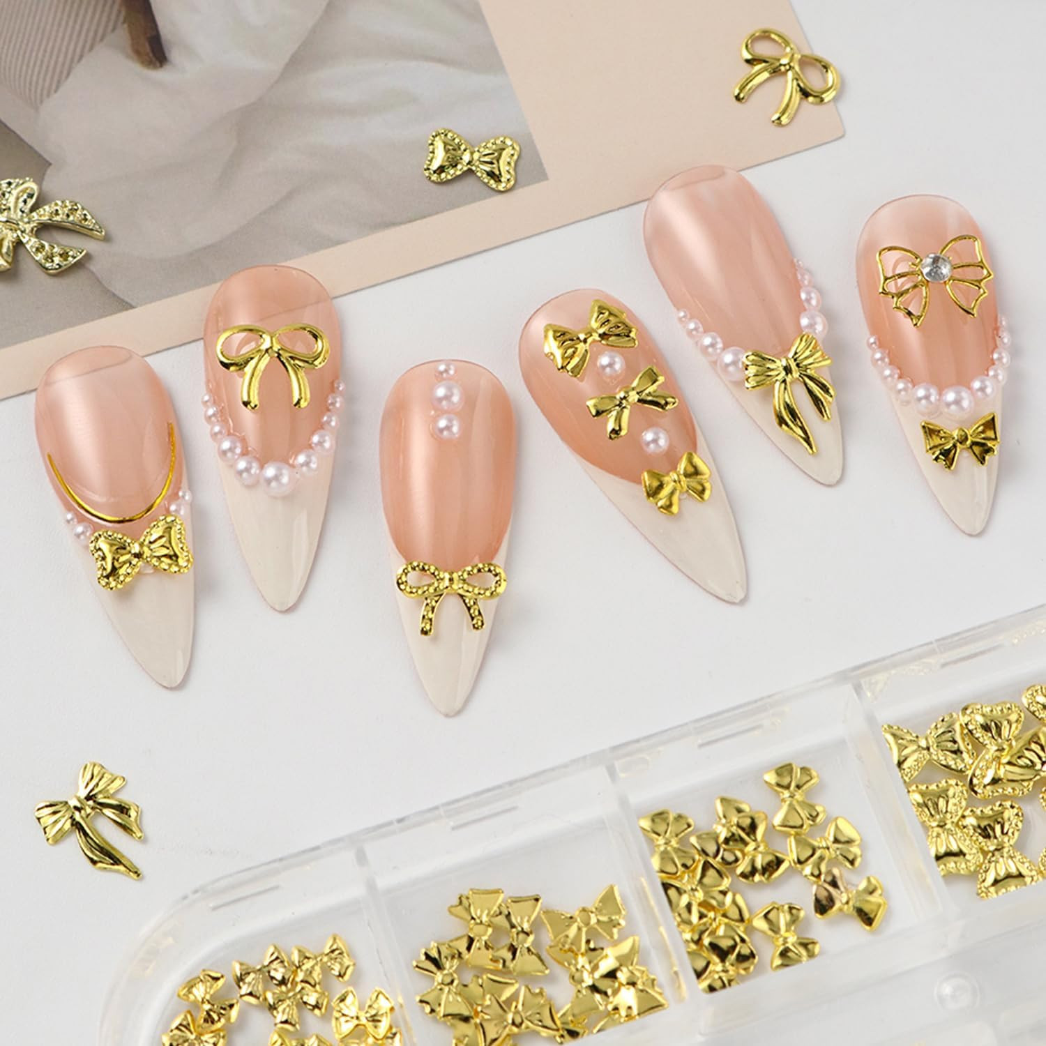 12Grids Gold Bow Nail Charms 3D Metal Bow Nail Art Charms Cute Bow Knot Nail Rhi
