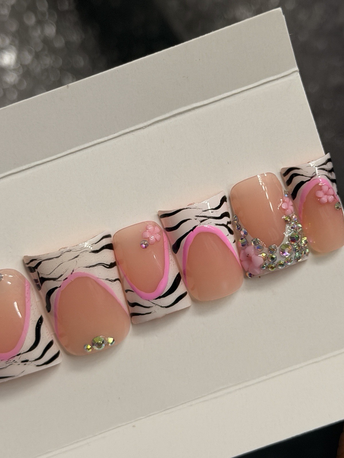 🎀 CUSTOM Hard Gel Press On False Nails French ZEBRA 10p Set SHORT DUCK W Kit