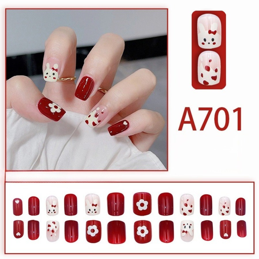 48Pcs Short Square Press on Nails,Wine Red Hand-Painted Bunny Flower False Nails