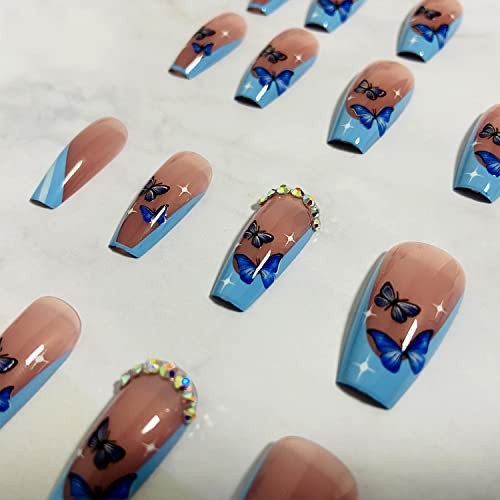 Medium Blue Ballerina French Tip Press on Nails – Butterfly Design
