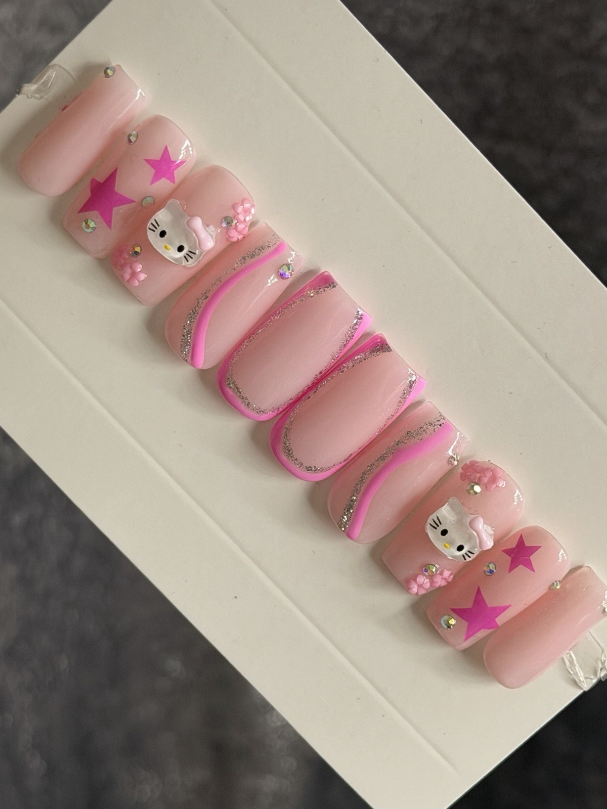 ✨ CUSTOM Press On Nails Nude PINK HELLO KITTY BLING 10p SET W Kit