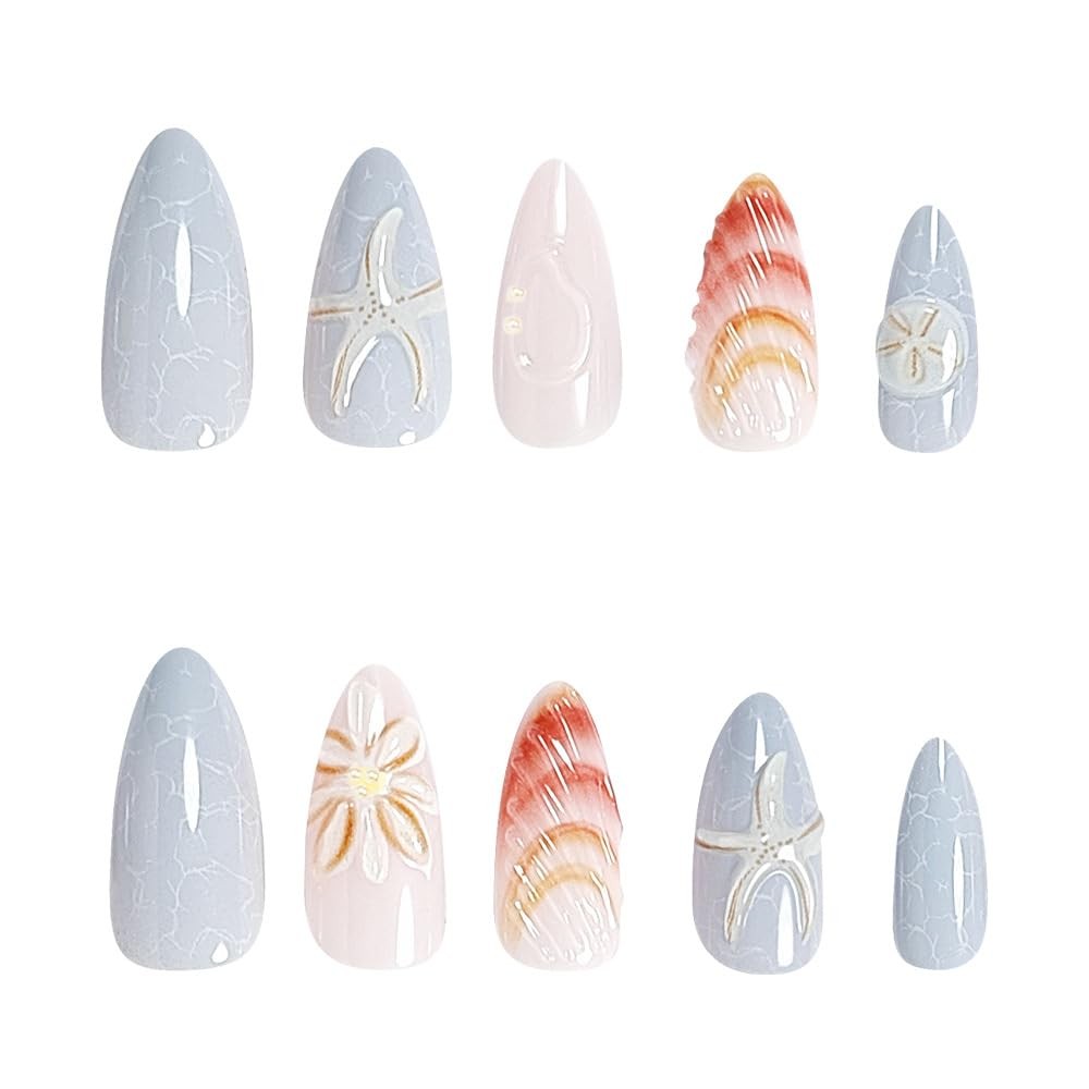 Summer Ocean Press on Nails Almond Medium Fake Nails with 3D Shells Starfish …