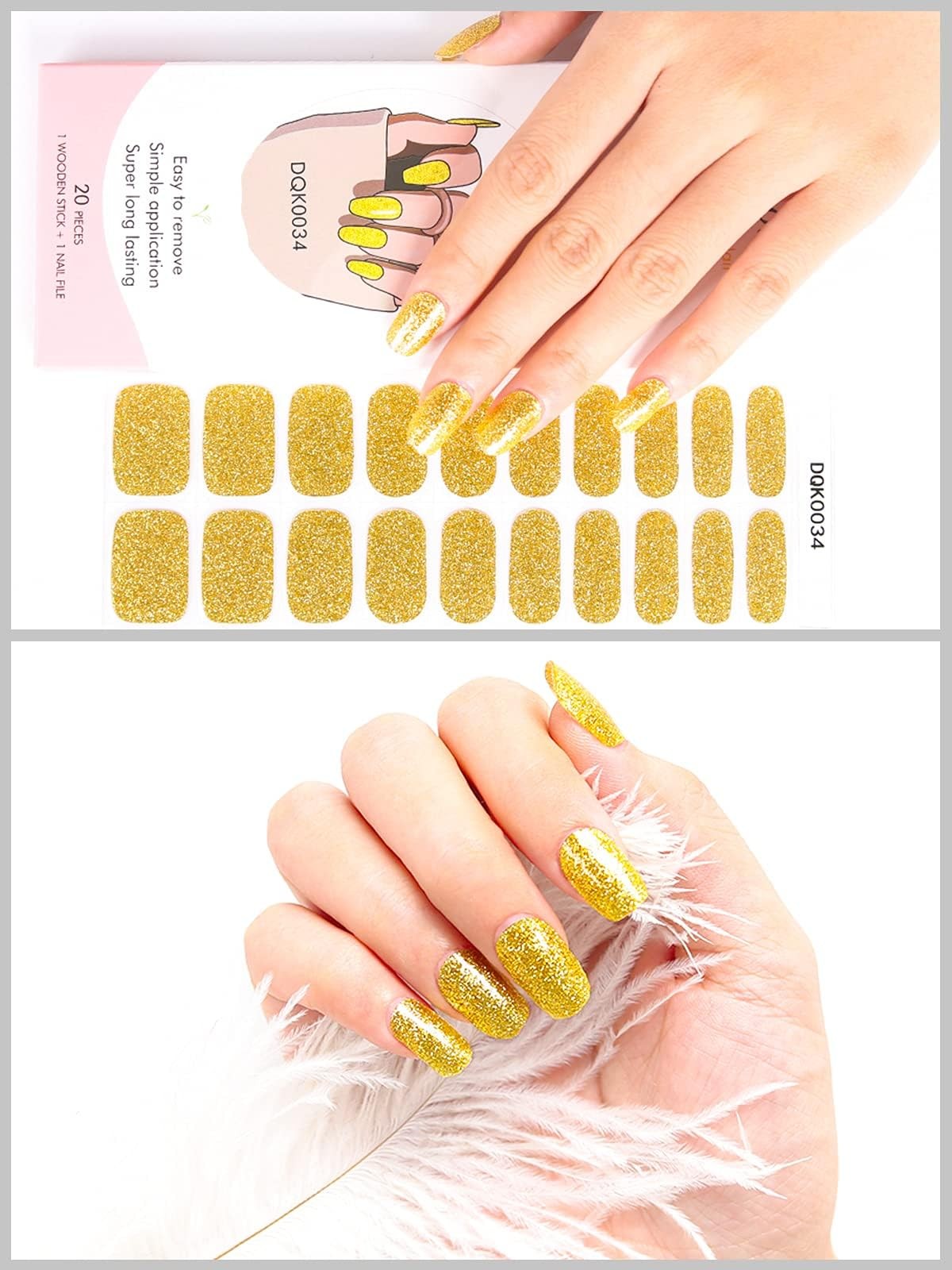40PCS Gold Glitter Gel Nail Wraps Strips, Self Adhesive Full Nail Wraps,