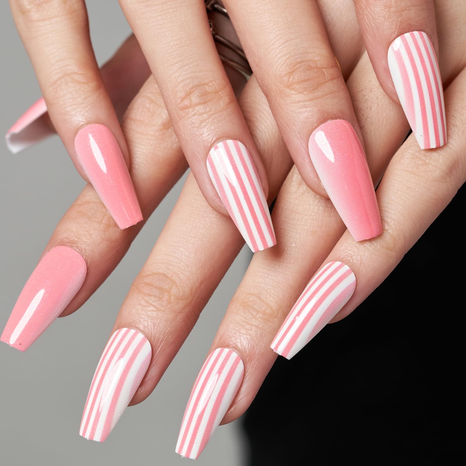 Press on Nails Coffin Long, Winter Pink Medium Length False Nails with Design…