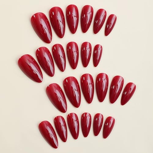 Press on Nails – Medium Almond Fake Nails with Burgundy, Acrylic 03302-2Red