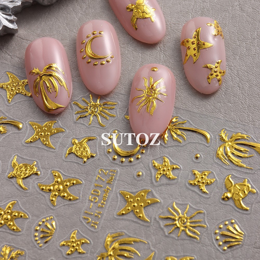 Gold Ocean Starfish Turtle Sun Palm Tree 5D Nail Stickers Embossed Decal J15D172