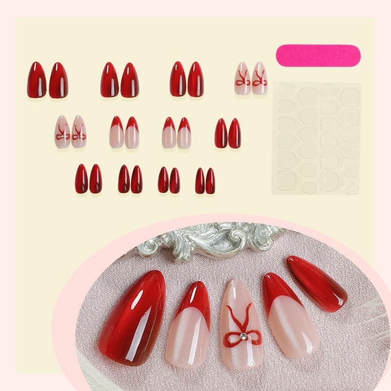 Red Cat Eye Press on Nails Medium Almond Fake Nails Wine Red Bow Style 22