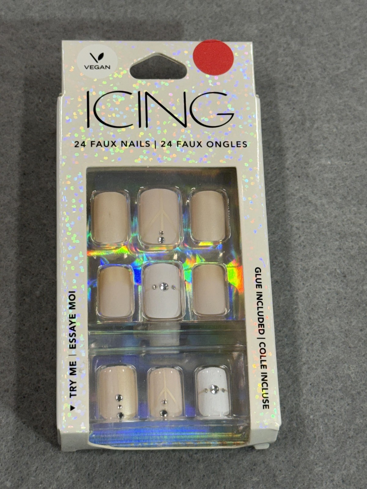 Icing Vegan Faux Press On Nails 24 Count Nude Beige Rhinestone Glue Included NEW