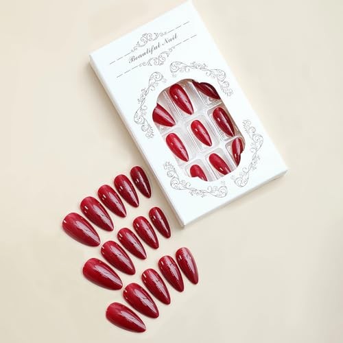 Press on Nails – Medium Almond Fake Nails with Burgundy, Acrylic 03302-2Red