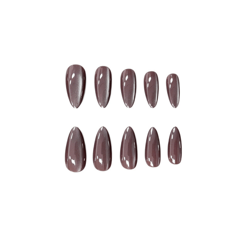 48 Pcs Brown Cat Eye Press on Nails, Long Stiletto Glossy Metallic Fake Nails
