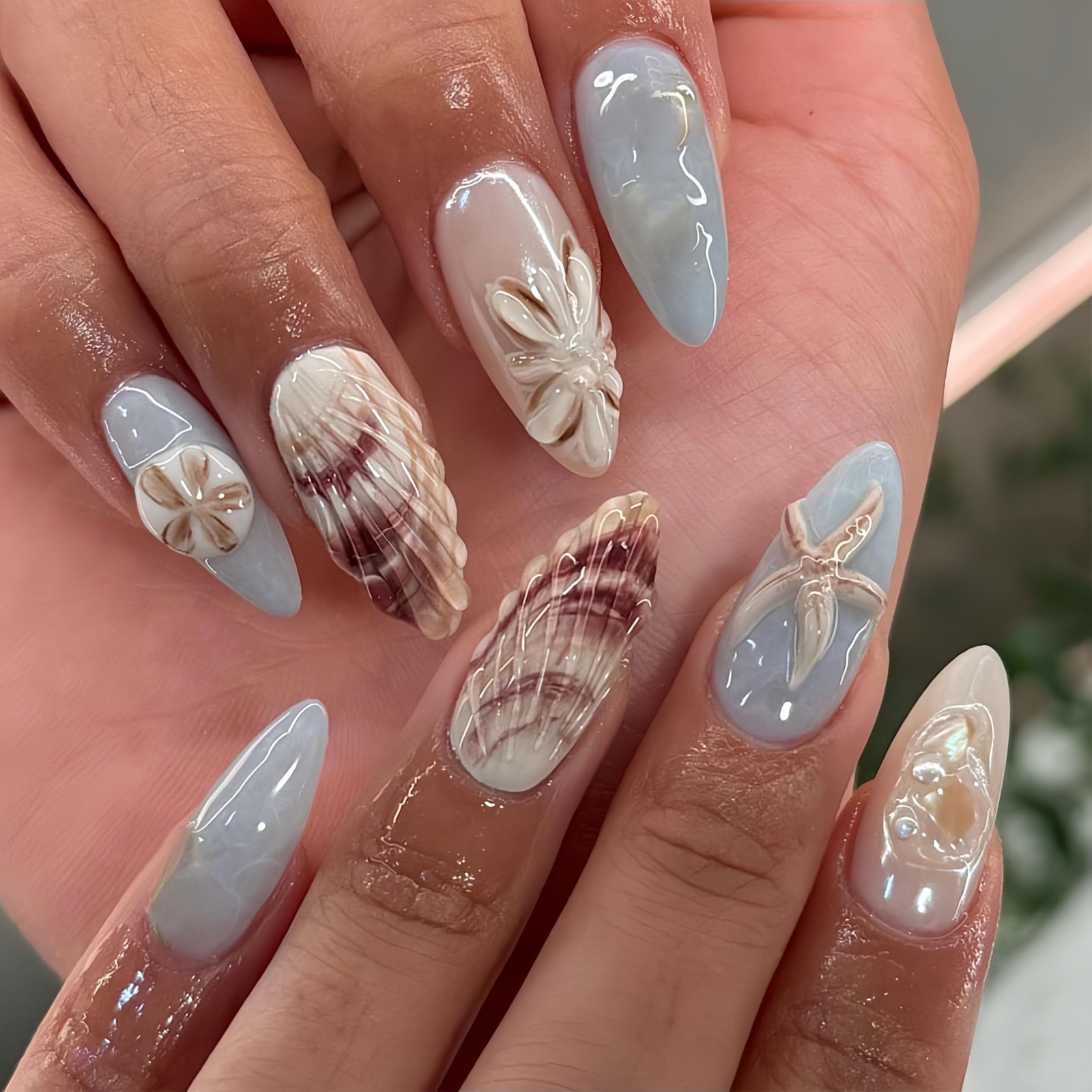 Summer Ocean Press on Nails Almond Medium Fake Nails with 3D Shells Starfish …