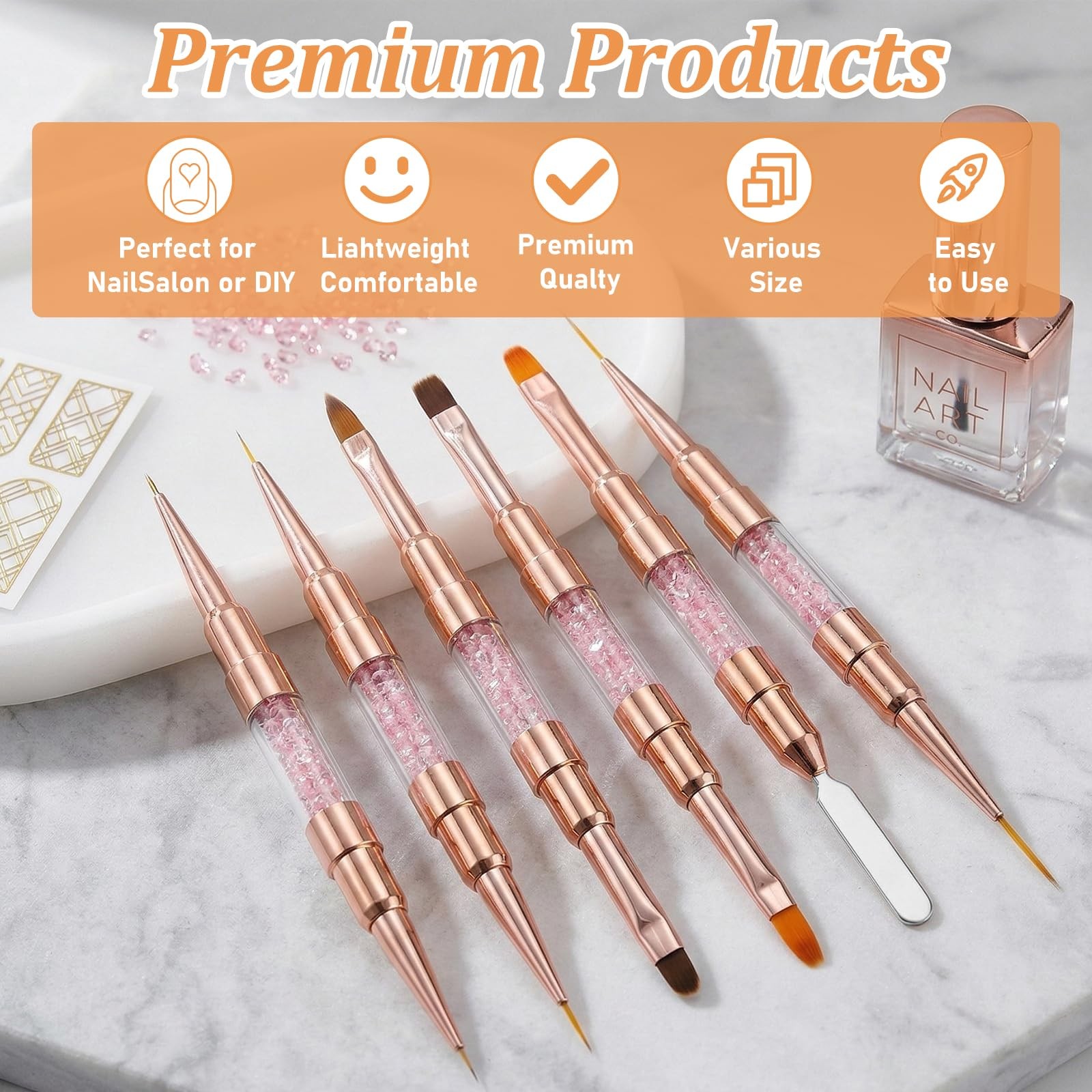 GASRONS Dual-Ended Nail Art Liner Brushes(6PCS) – 5/7/10/15/19mm White-6Pcs
