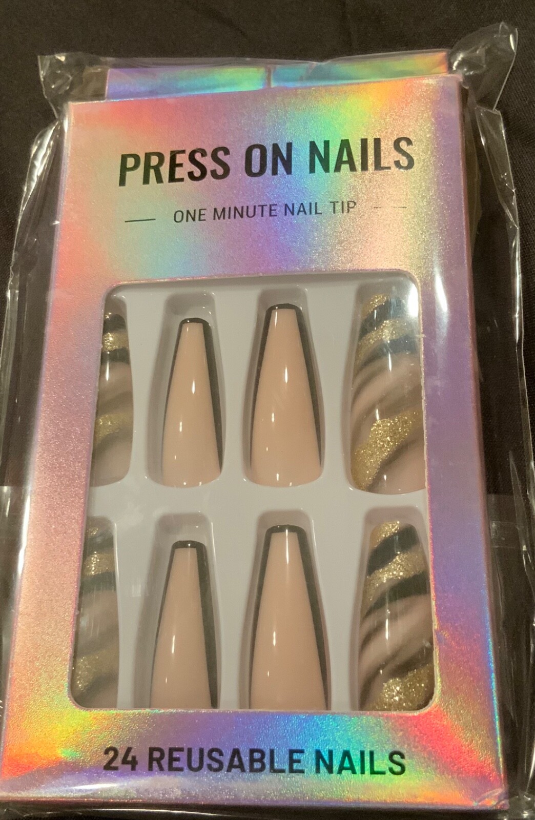 Coffin Press On Nails Long Length Full Cover Designer Nails Black Gold Nude